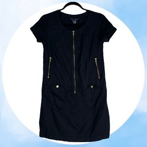 Vintage French Connection Black Shift Mini Dress Gold Zipper Details 4